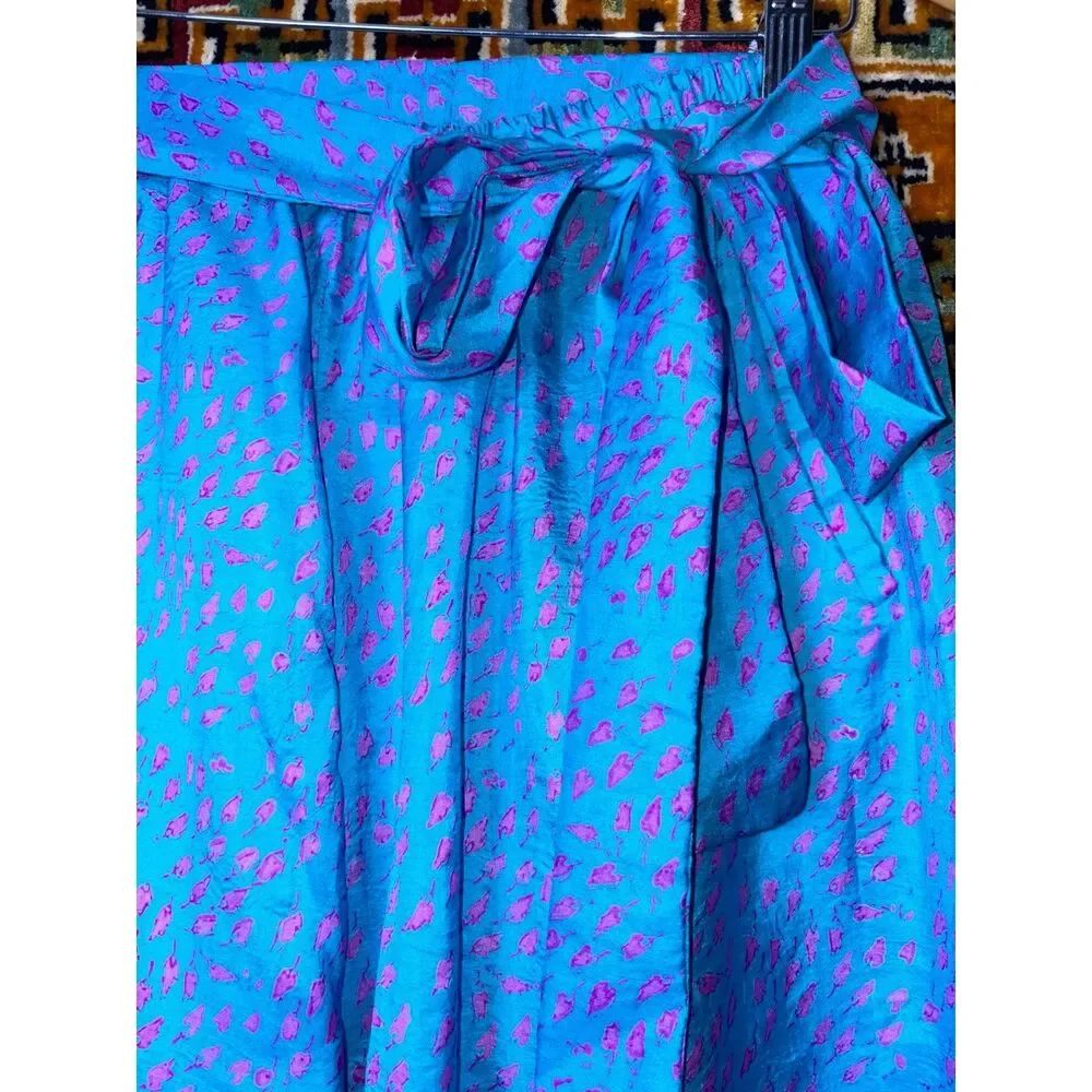 Vintage Custom 100% Silk Artsy Blue Patterned Wide Leg Pants Size M Boho Luxe